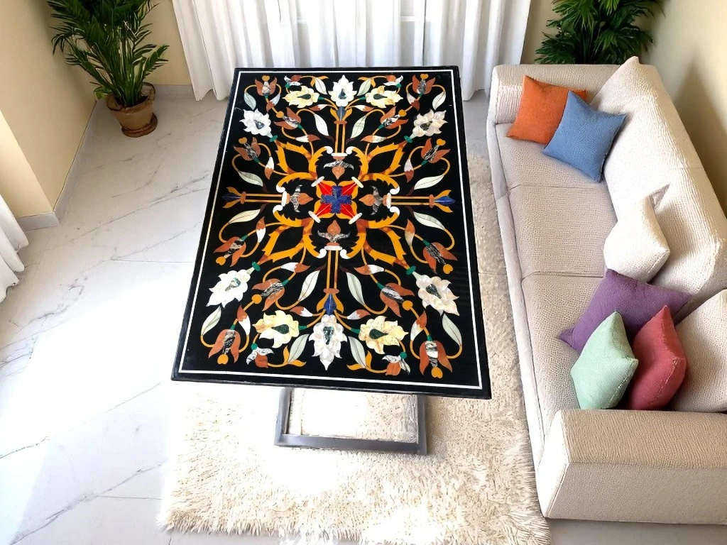 Elegant Living Room Side Table with Inlaid Stone Design